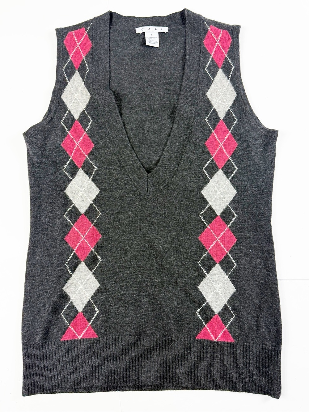 CAbi Women's Charcoal Argyle V-Neck Sweater Vest - Pink & Gray 100% Lambs Wool S